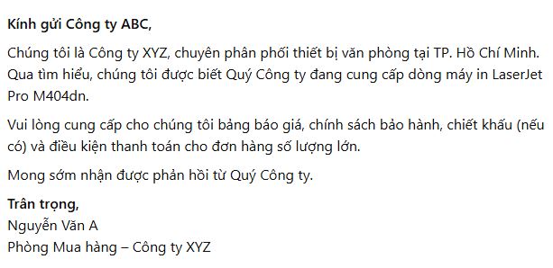ví dụ về thư hỏi hàng trong nước